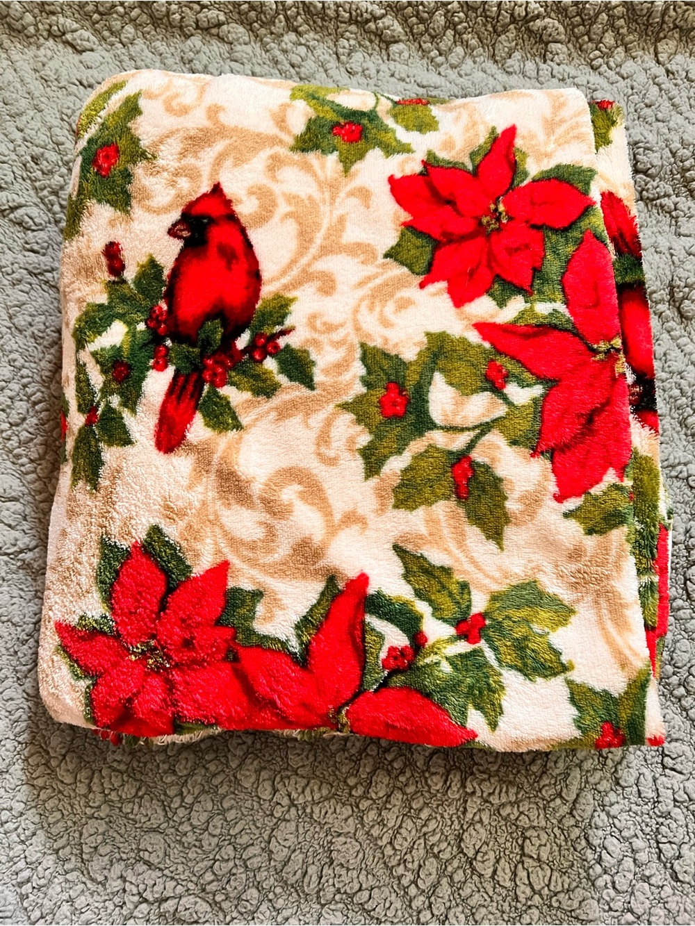 Festive Poinsettia & Cardinal Holiday Throw Blanket - Red & Cream